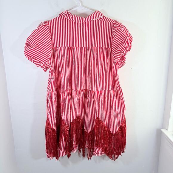 Fantastic Fawn Red White Stripe Sequin Tassel Fringe Shirt Dress Small College - Picture 12 of 14